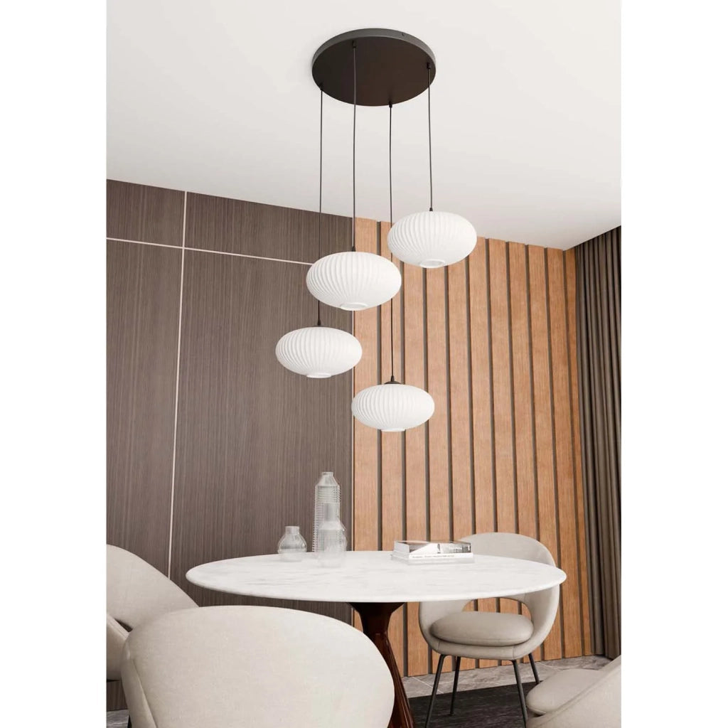 Lampadario 4 Luci Iris Base Tonda In Acciaio Nero Paralume Plissettato Bianco