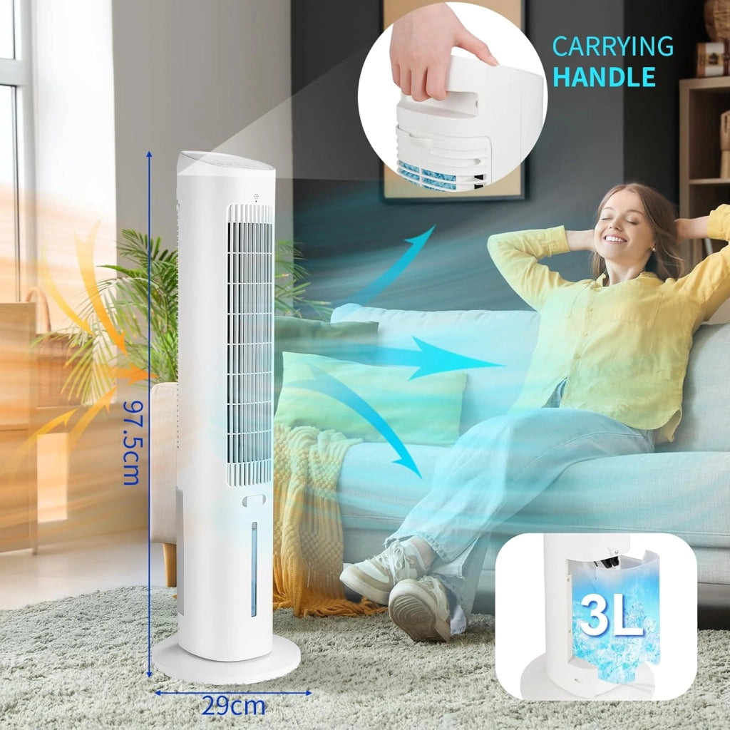 Ventilatore a torre funzione aroma con raffreddamento ad acqua con telecomando ventilatore a piantana 5,5 m/s 3 velocità 4 modalità 12 timer oscillazione 48° raffreddamento umidificazione