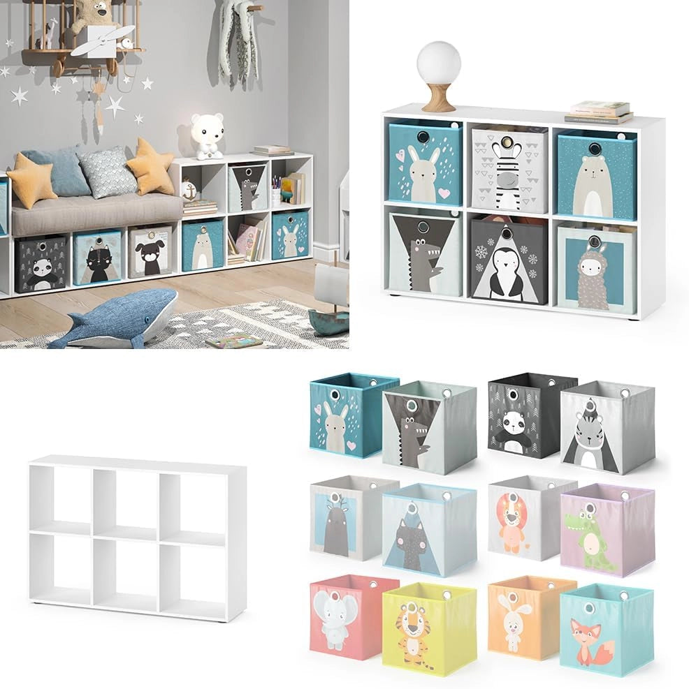 Libreria bambini, Bianco, 72 x 107.8 cm con 6 scatole pieghevoli, adatto per riporre giocattoli e libri