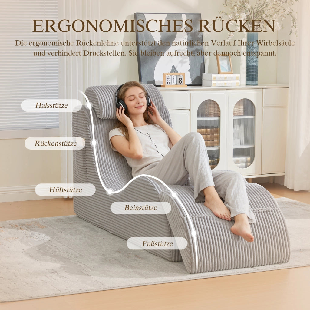 Poltrona ergonomica a compressione rapida con cuscino removibile e tasca laterale in tessuto a coste grigio chiaro