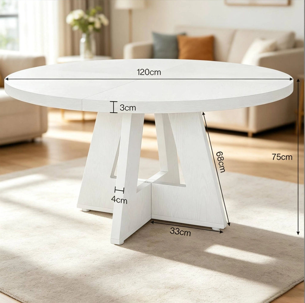 Tavolo da pranzo rotondo 120 cm in legno ingegnerizzato bianco; stile farmhouse