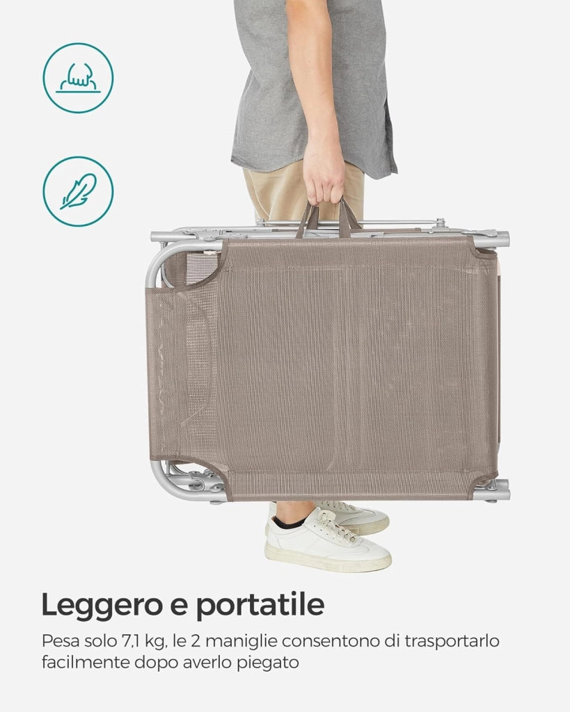 SONGMICS Lettini Prendisole, Set di 2 Sedie a Sdraio Pieghevole, 193 x 53 x 29 cm, Portata 150 kg, Poggiatesta Parasole Schienale Reclinabile, per Terrazzo Piscina Giardino, Tortora GCB192K02