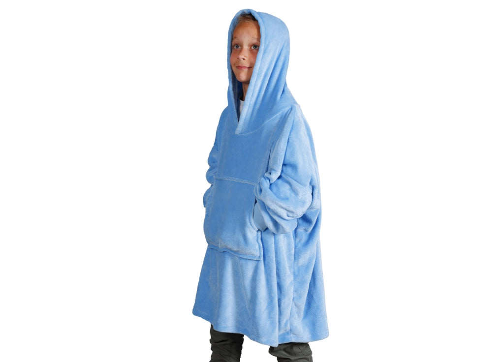 Felpa Plaid Bambini Coperta Calda Inverno Con Tasca Cappuccio Tinta Unita Brighton - Felpone - Azzurro