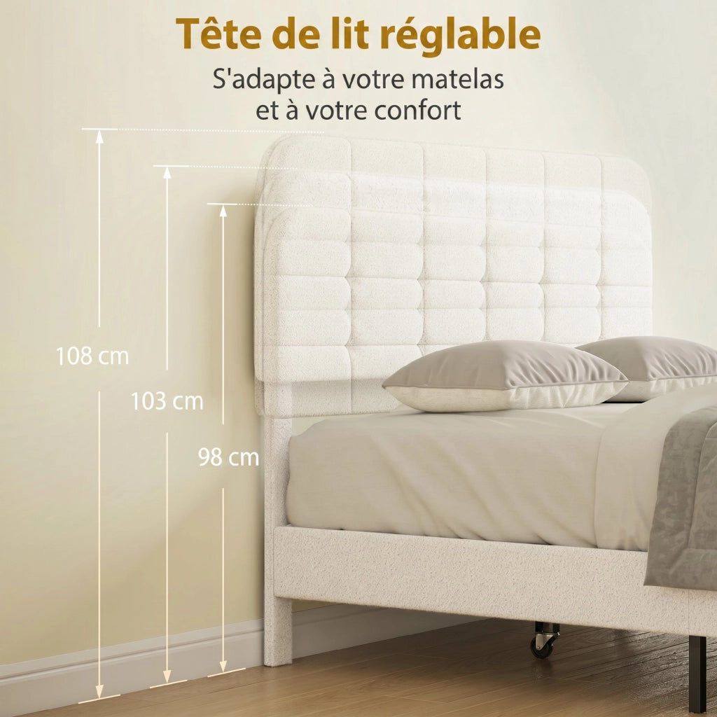 Letto Imbottito Matrimoniale con Testiera Regolabile ¨C zephmum ¨C 160x200 cm Bianco Velluto Teddy