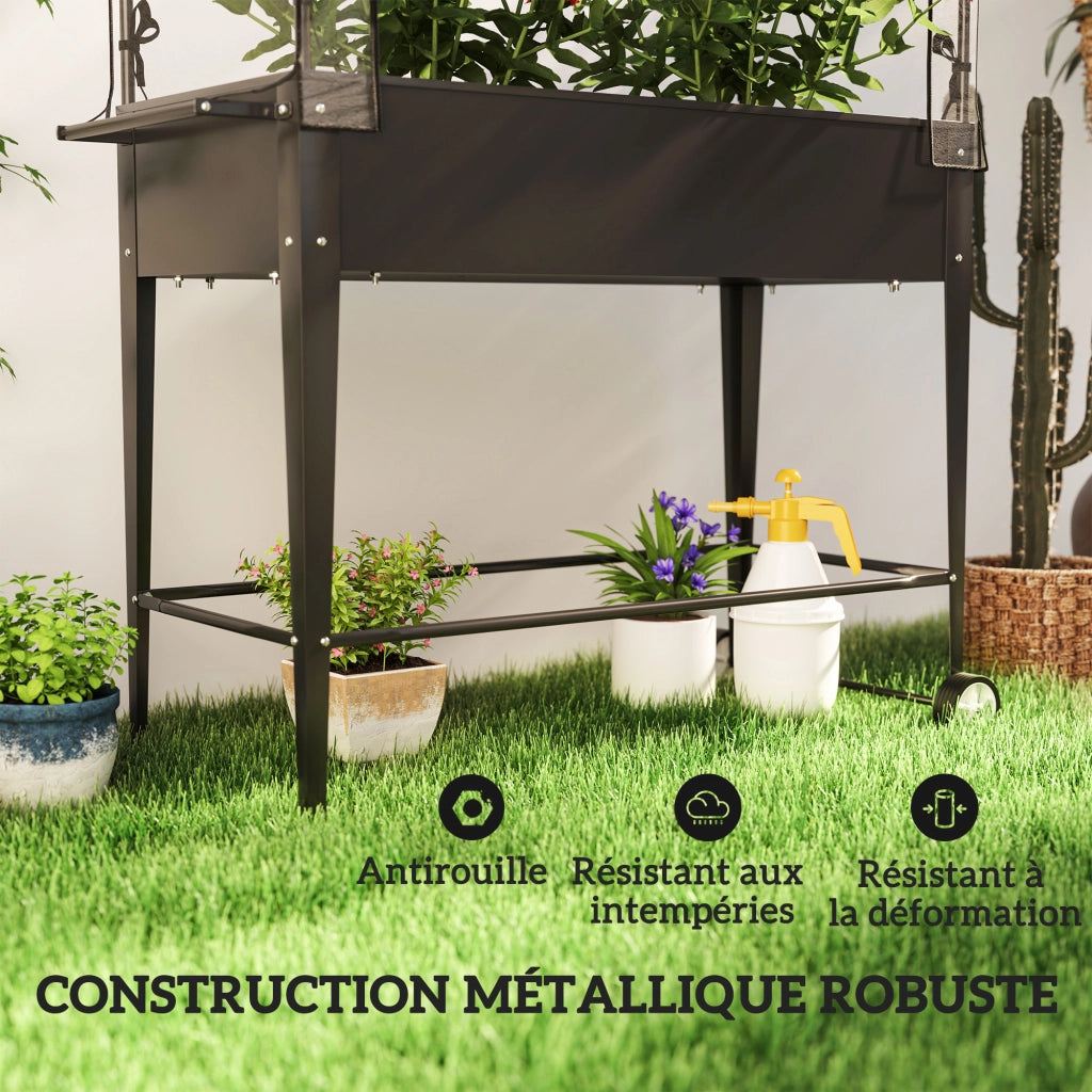Vaso da giardino rialzato con ruote e telaio in PVC ¨C zephmum ¨C nero 100x45x152 cm