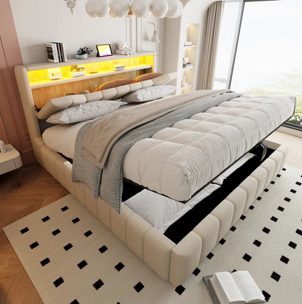Letto matrimoniale contenitore 214.5x181x107.5 cm con sistema idraulico; LED e testiera contenitore in tessuto beige
