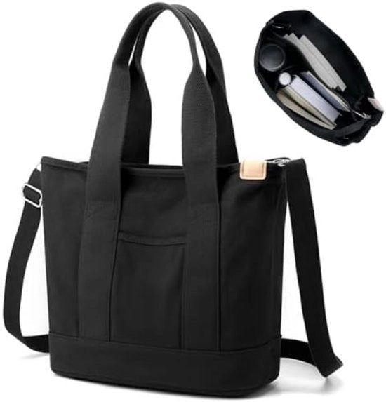 Borsa a Mano in Canva per Donne - Grande Tasca con Cerniera - Borsa Multifunzionale per Uso Giornaliero, Scuola, Lavoro e Viaggi - Nero