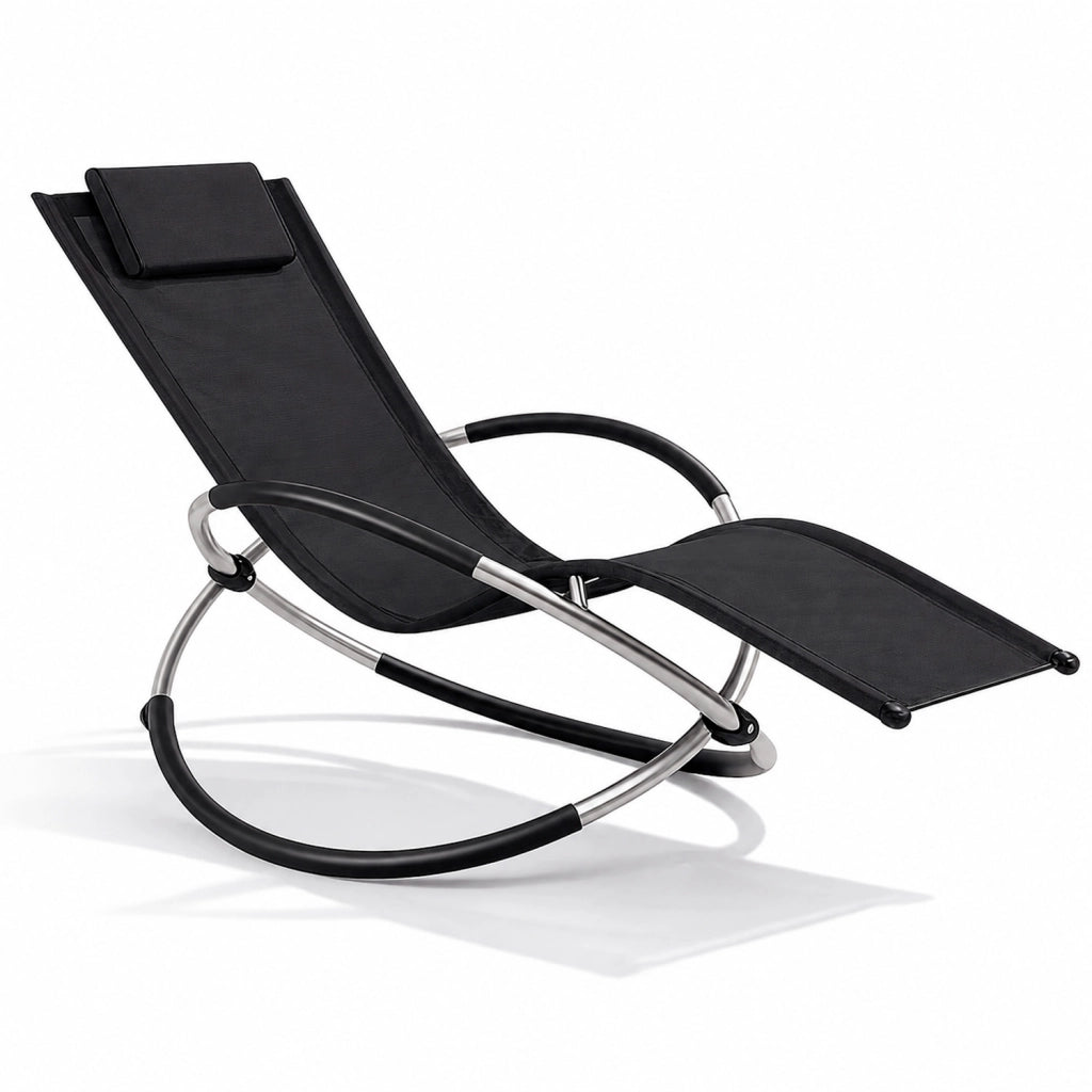 Poltrona Basculante Sdraio A Dondolo Da Giardino Con Poggiatesta Removibile In Textilene Traspirante Telaio In Metallo Ergonomica Relax Piscina Terrazzo Outdoor 73 x 150 x 93 Cm Nero