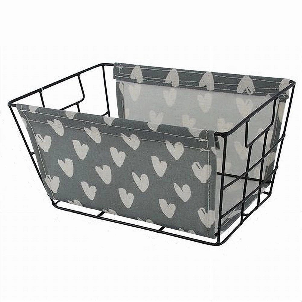 Trade Shop - Cesto Porta Oggetti In Ferro Tessuto Stampa A Cuori Con Manici 30x20x15 Cm 10618 -