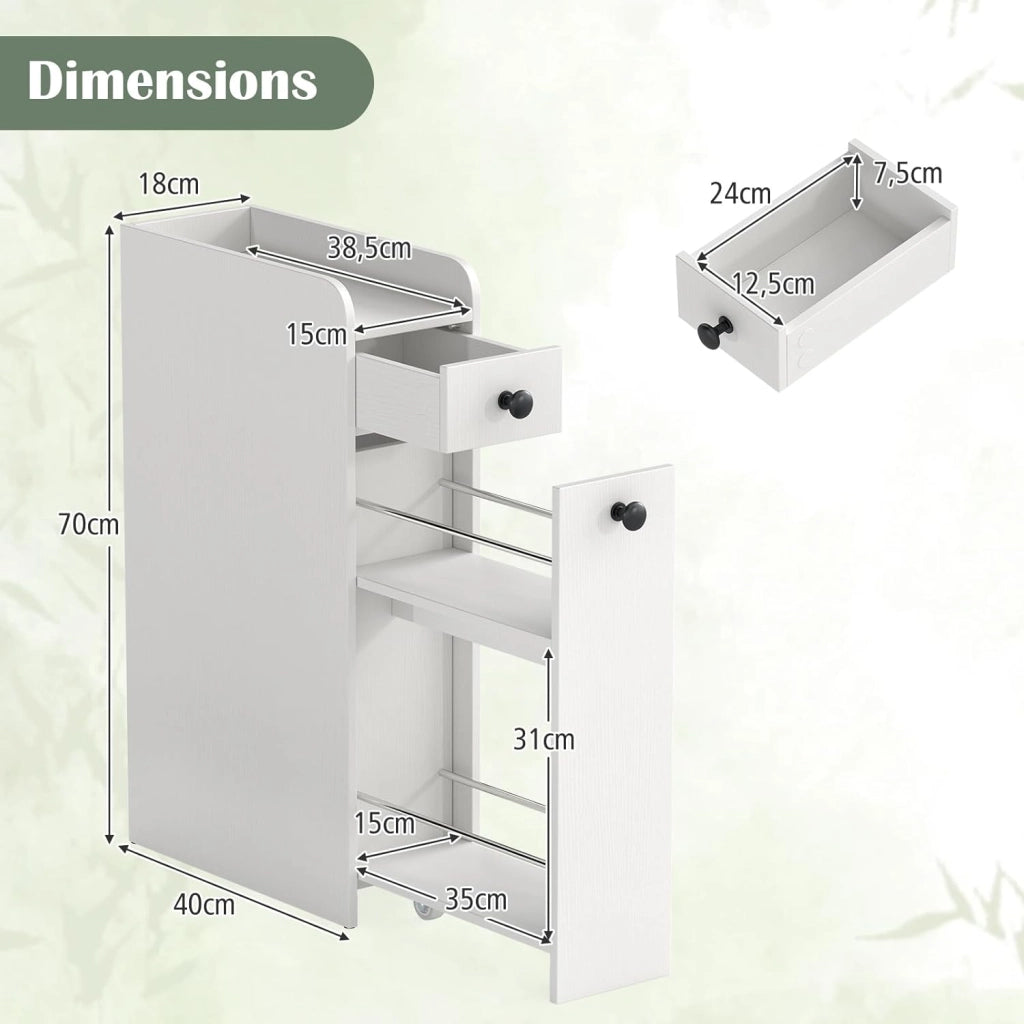 Armadietto da Bagno Stretto, Mobile Salvaspazio da Terra con 2 Ruote e 2 Cassetti Estraibili, Carrello Portaoggetti in Legno per Cucina e Lavanderia, 40 x 18 x 70 cm
