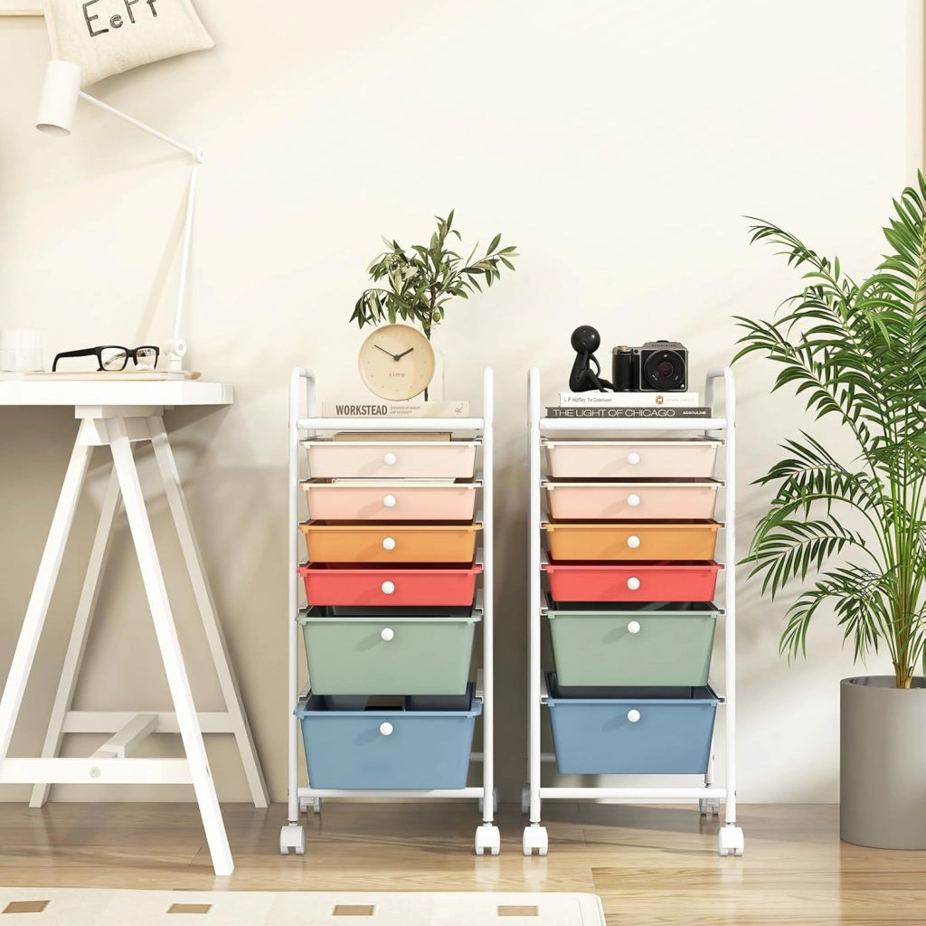 Carrello con 6 cassetti impilabili, carrello per cassetti, carrello da cucina con ruote bloccabili, carrello portaoggetti, carrello in metallo, per cucina, ufficio (colorato)