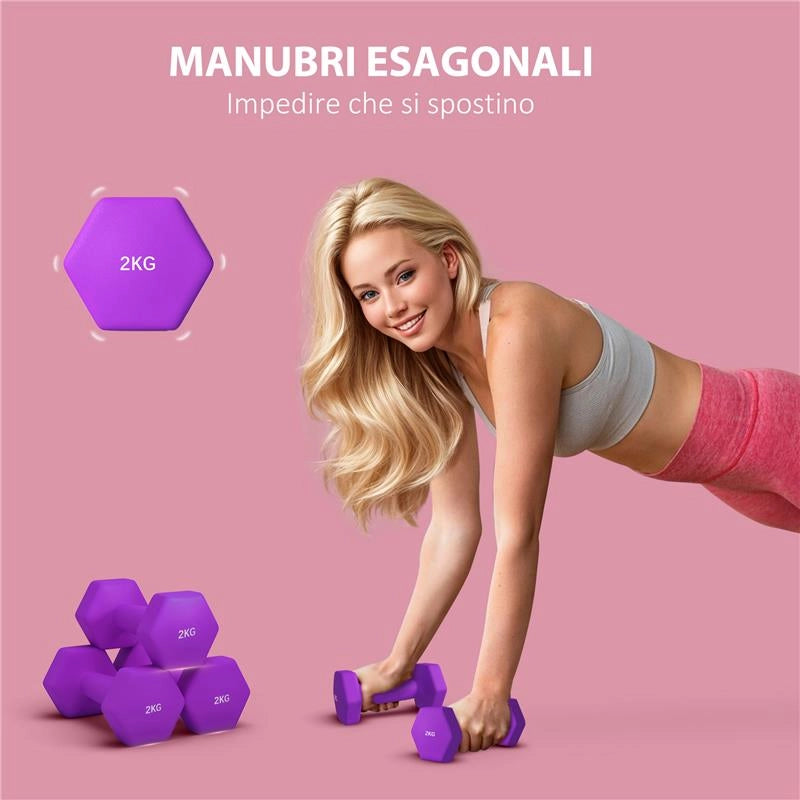 SET 2 MANUBRI 2X2 KG ESAGONALI E ANTISCIVOLO PER CASA E PALESTRA, IN METALLO E PLASTICA, 16X7.5X7.5 CM, VIOLA