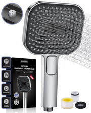 Douchekop a risparmio d'acqua, grande douchekop 135 mm, maniglia doccia con funzione anticalcare, silicone alimentare sicuro, 43% di risparmio d'acqua, doccia a getto d'aria AirMix con 3 tipi di getto, cromato (senza tubo).