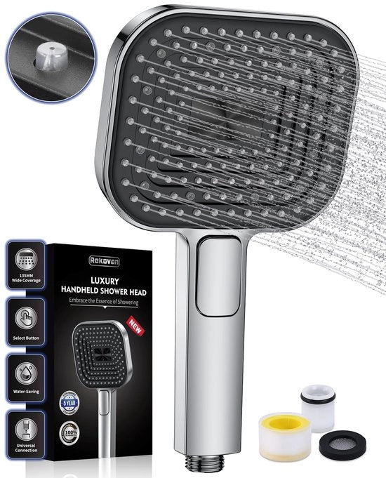 Douchekop a risparmio d'acqua, grande douchekop 135 mm, maniglia doccia con funzione anticalcare, silicone alimentare sicuro, 43% di risparmio d'acqua, doccia a getto d'aria AirMix con 3 tipi di getto, cromato (senza tubo).