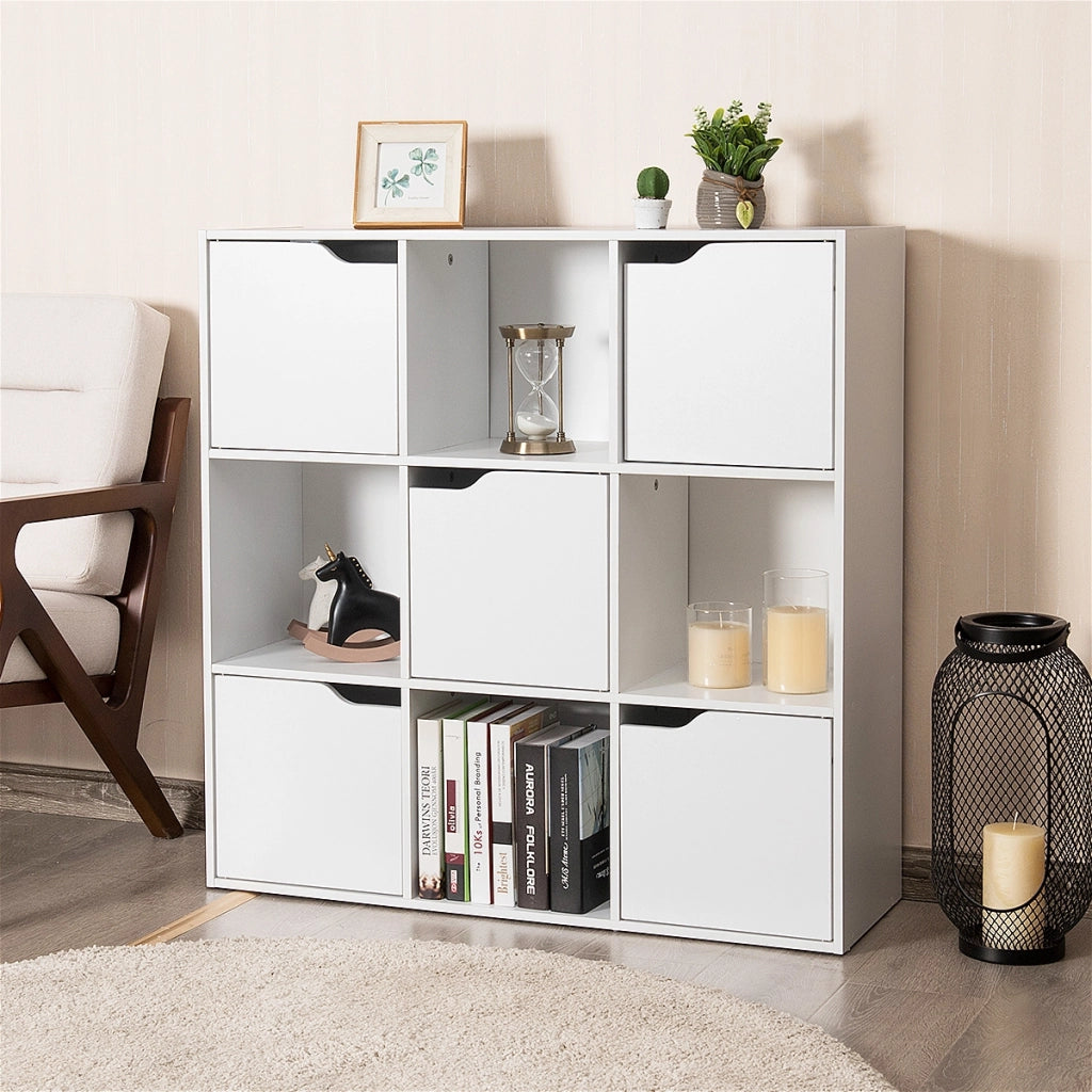 Armadietto con 9 cubi e ante di legno con scomparti, Espositore per casa ufficio libri giocattoli e decorazioni, Bianco-Librerie