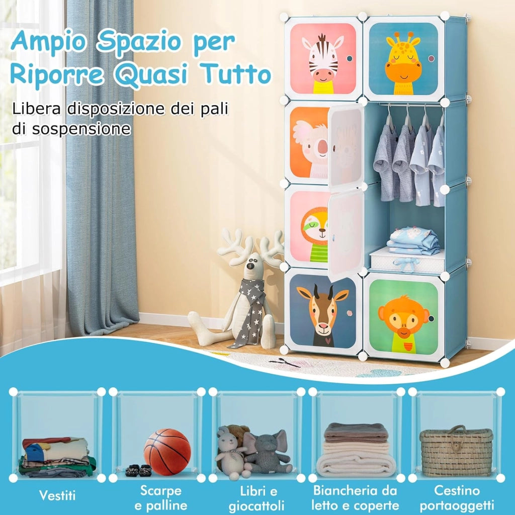 Guardaroba Portatile per Bambini, Armadio Guardaroba Modulare per Bambini con 8 Cubi, per Soggiorno, Camera da Letto, 75 x 35 x 145 cm (Blu)