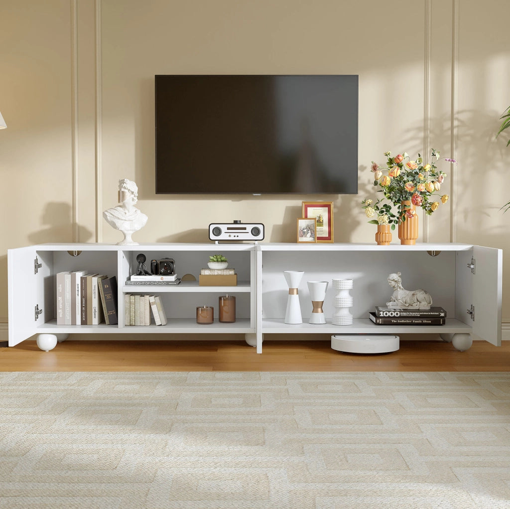 Mobile TV 200x40x44 cm con 3 ante e 5 piedi in truciolare bianco