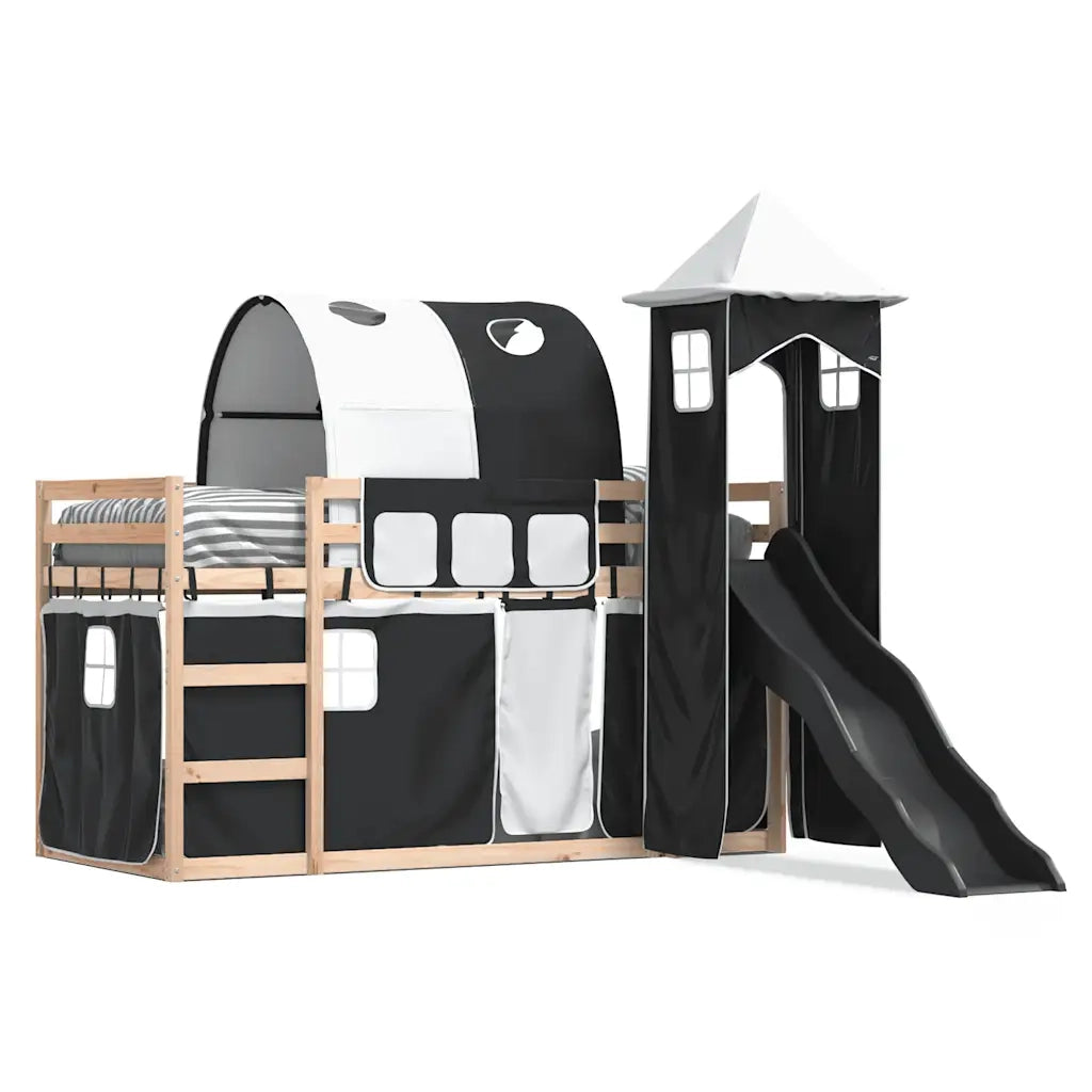 Letto singolo | Letto per adulti | Letto a Castello con Scivolo e Tende Bianco e Nero 80x200 cm