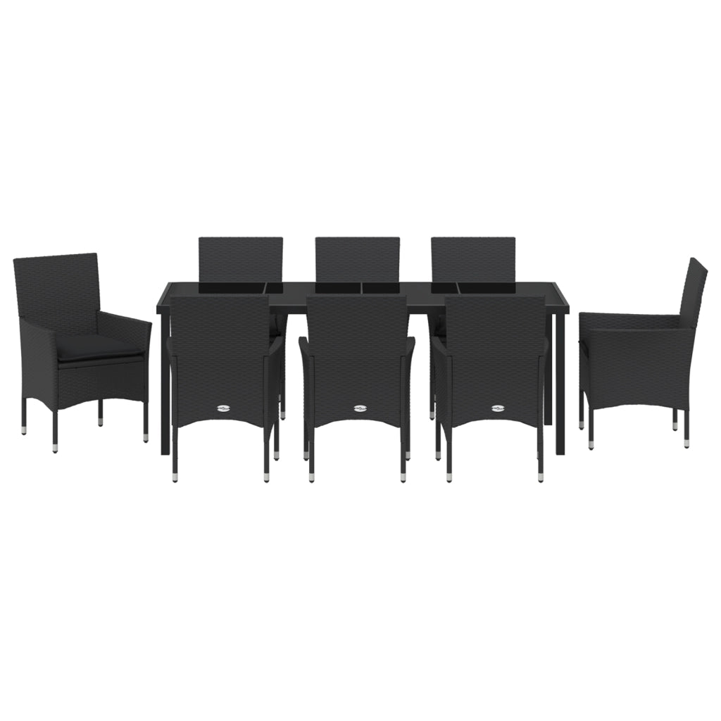 Set da Pranzo per Giardino 9 Pezzi con Cuscini Polyrattan Nero