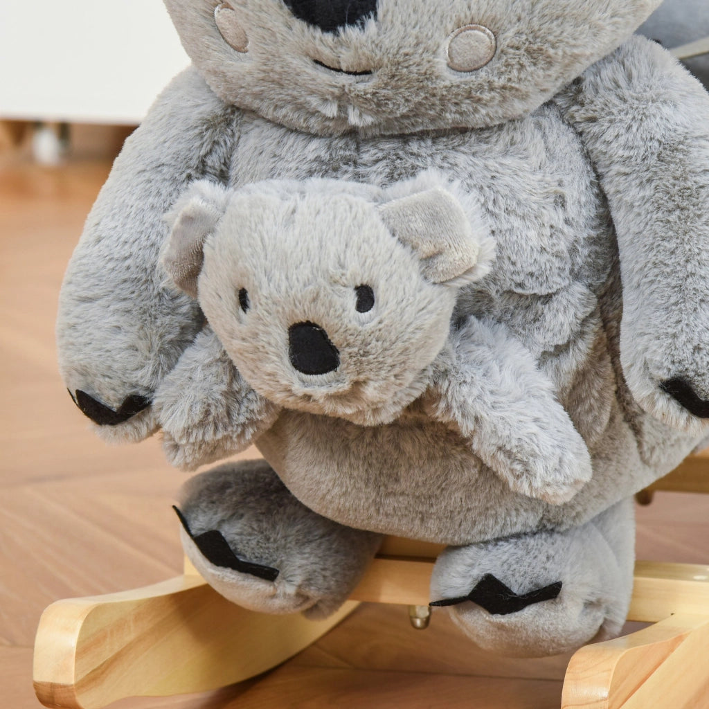 EasyComfort Cavallo a Dondolo Koala in Peluche Imbottita con Suoni, Cintura di sicurezza e Base in Legno, 60x33x50cm, Grigio
