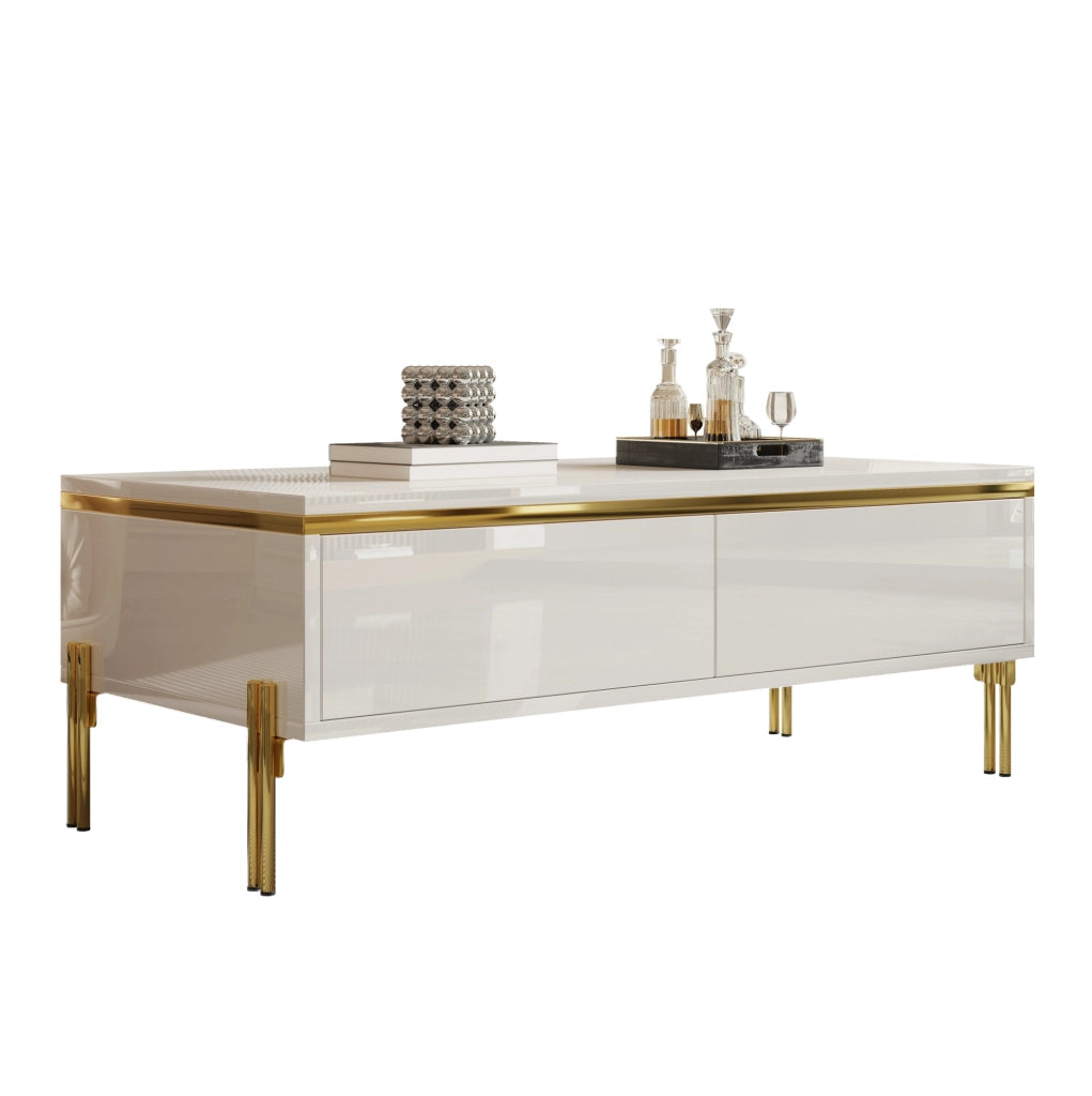 Tavolino da salotto 100x50x36 cm con cassetti su entrambi i lati; pannello truciolare bianco