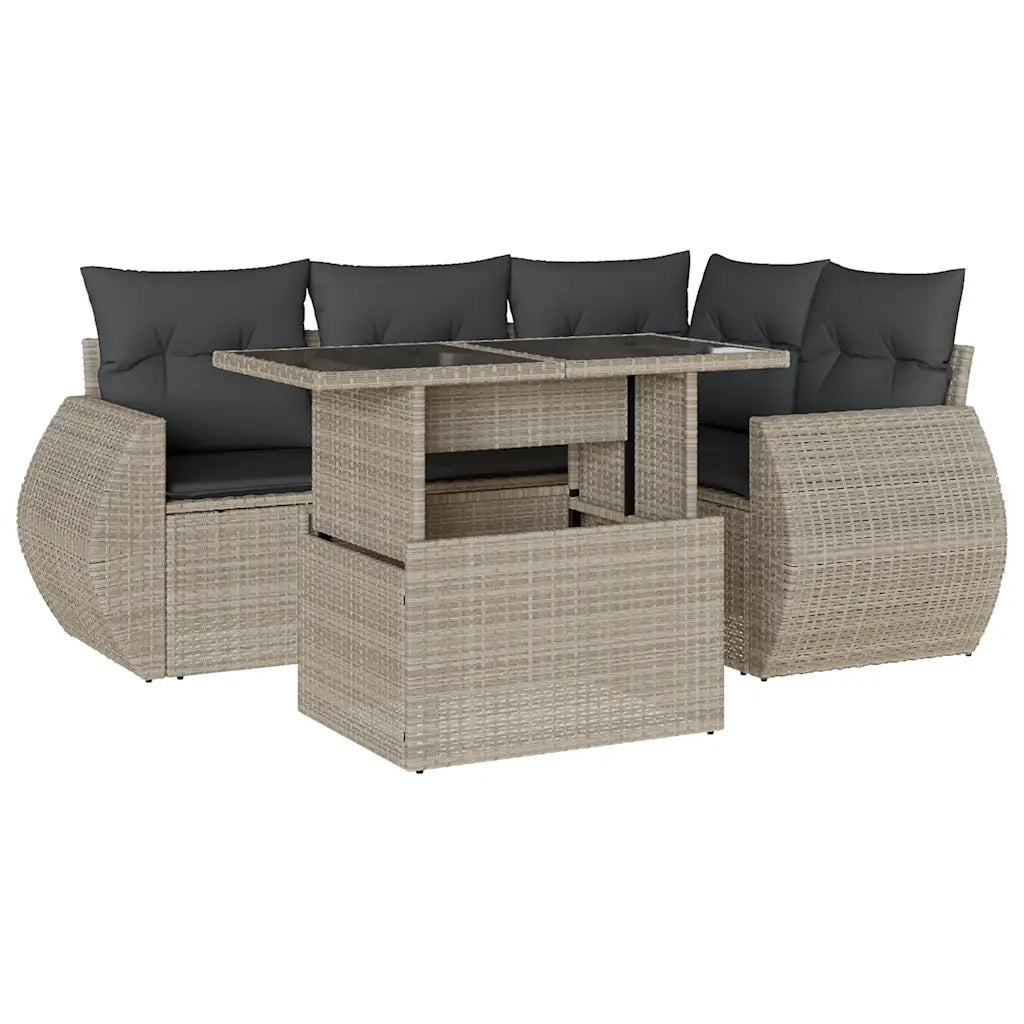 Set Divano da Giardino 5pz con Cuscini Grigio Chiaro Polyrattan