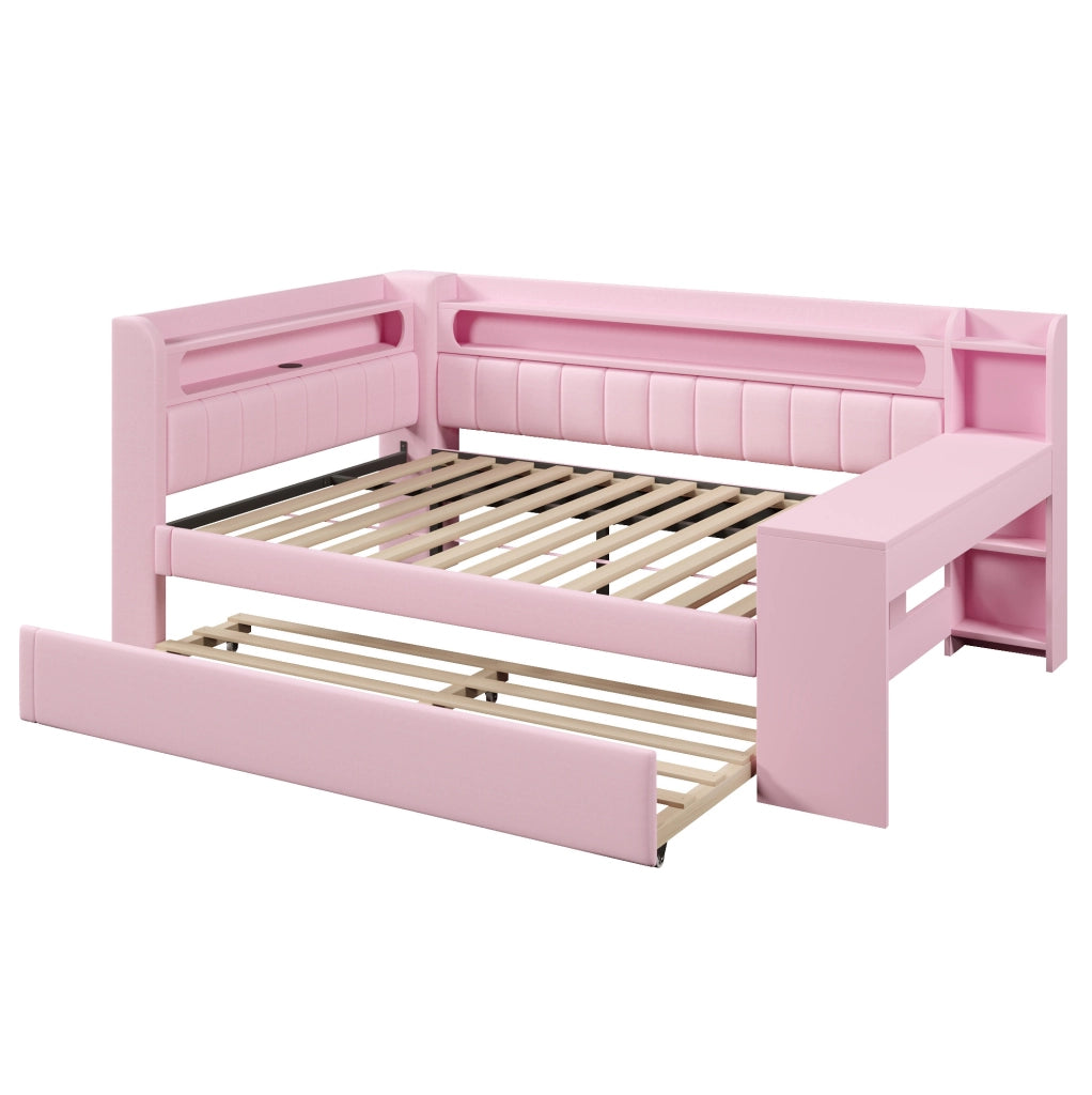 Letto da giorno 140x200 cm rosa con USB, LED, letto estraibile e scrivania integrata