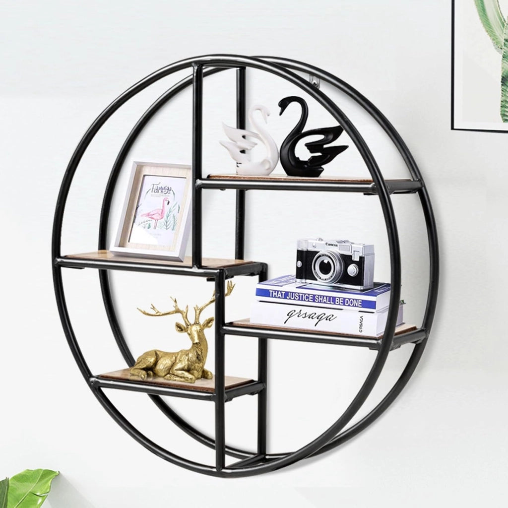 Mensola da Muro Design, Scaffale Rotondo da Parete, Libreria con 4 Ripiani Salvaspazio, per Cucina Camera da Letto Soggiorno, 55 x 55 x 11 cm