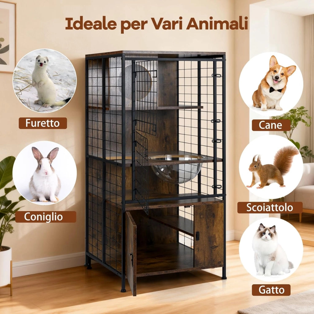 Armadio in Legno per Gatti, Gabbia a più Livelli con Struttura Metallica e Ciotola per Gatti, Armadietto con Porta a Rete Bloccabile, Casetta per gattini da Interno, 60 x 60 x 125 cm