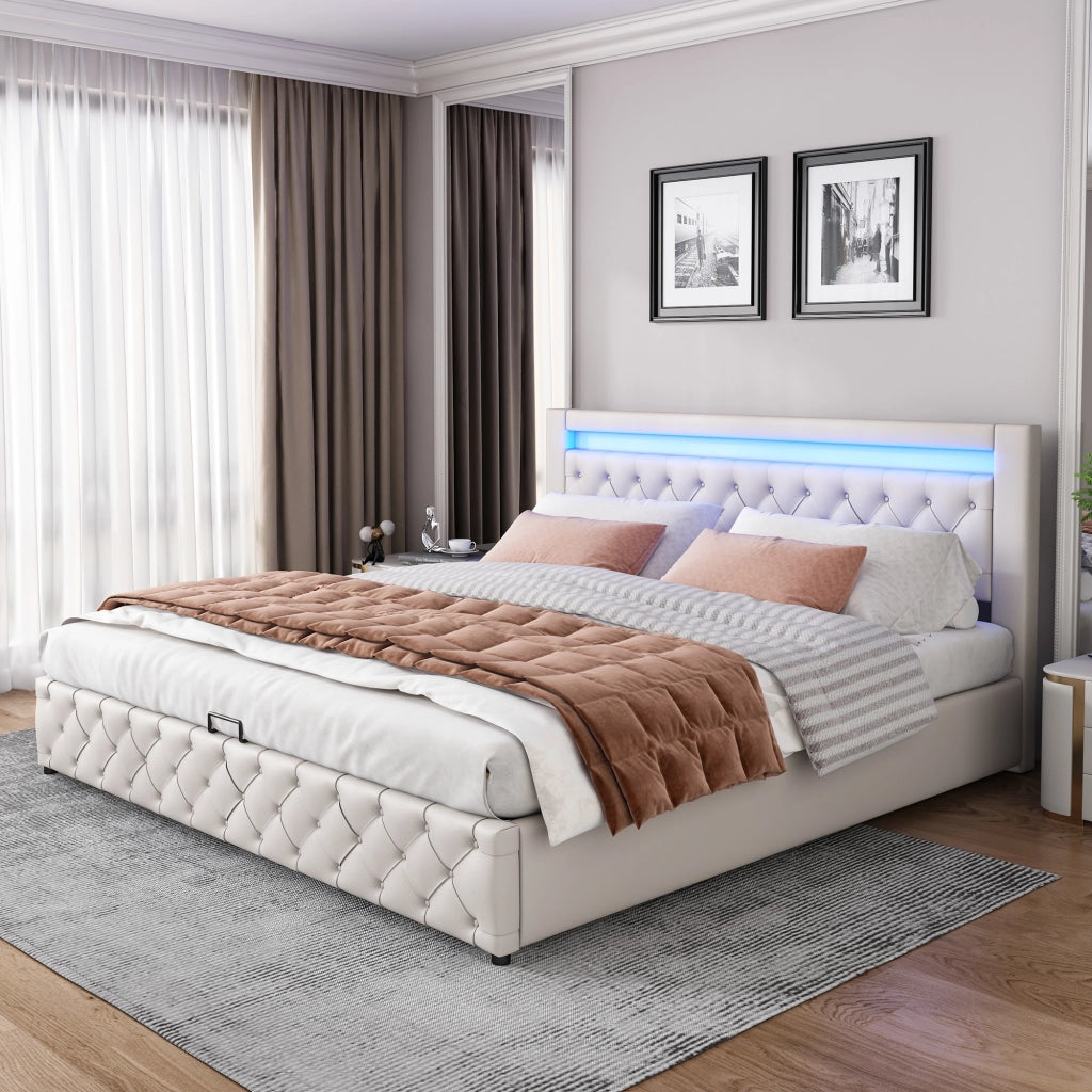 Letto imbottito 180x200 cm in PU bianco con rete a doghe, contenitore, LED e testiera alta