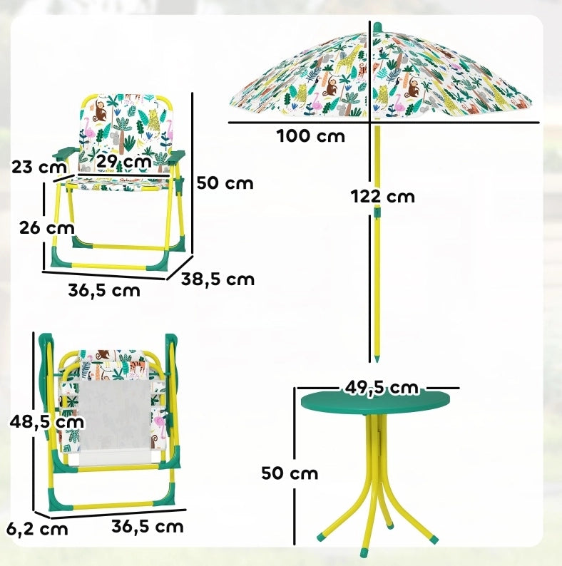 Set da giardino per bambini 49,5 x 49,5 x 50 cm verde con parasole rimovibile
