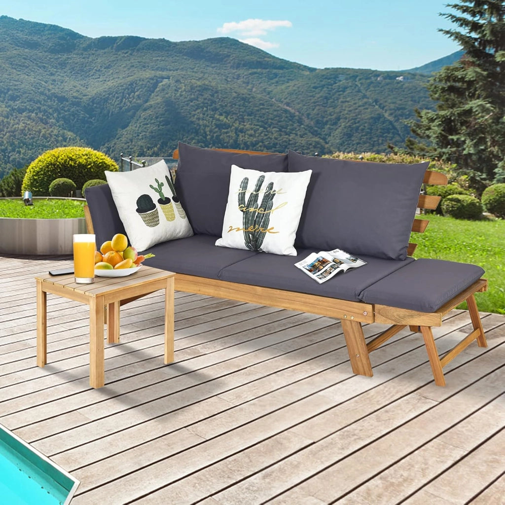 Divano Esterno Giardino 2 Posti, 2 in 1 con Cuscino Morbido, Divanetto da Esterno in Legno di Acacia con Braccioli Regolabili, Sdraio per Terrazza e Cortile, 198/157 x 75 x 75 cm (Grigio)