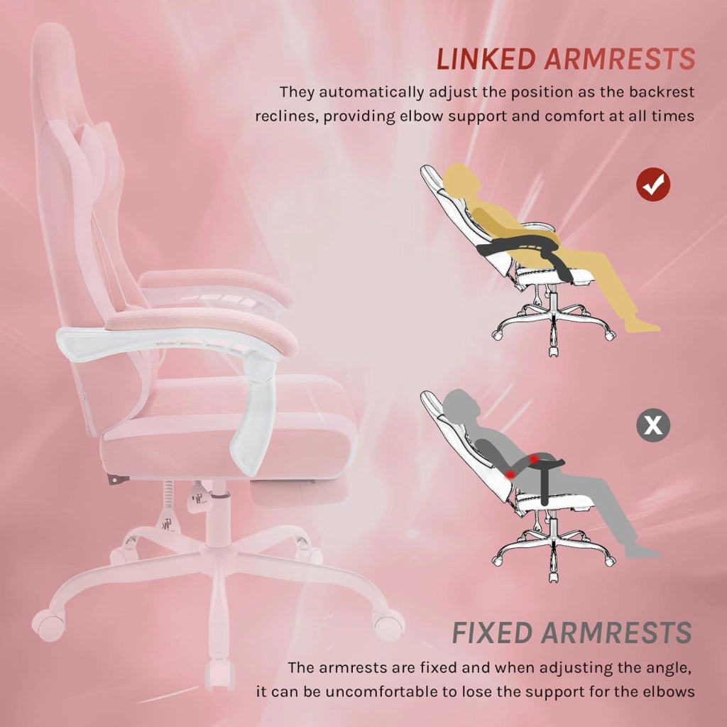 Sedia Gaming con Massaggio, Poltrona Ufficio Ergonomica, Ampia Sedia Girevole Imbottita per Computer con Cuscino Lombare Massaggiante, Carico 150 Kg, Tessuto a rete Rosa+Bianco