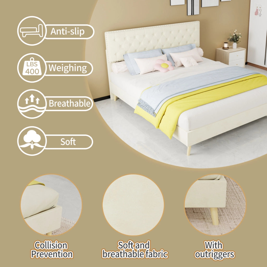 Letto imbottito moderno con testiera morbida, 160x200 cm, beige