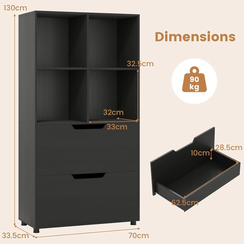 Libreria Scaffale in Legno con 4 Cubi e 2 Cassetti, Libreria Chiusa con Dispositivo Antiribaltamento, Mobile per Soggiorno, Ufficio, Camera da Letto, 70 x 33,5 x 130 cm (Nero)