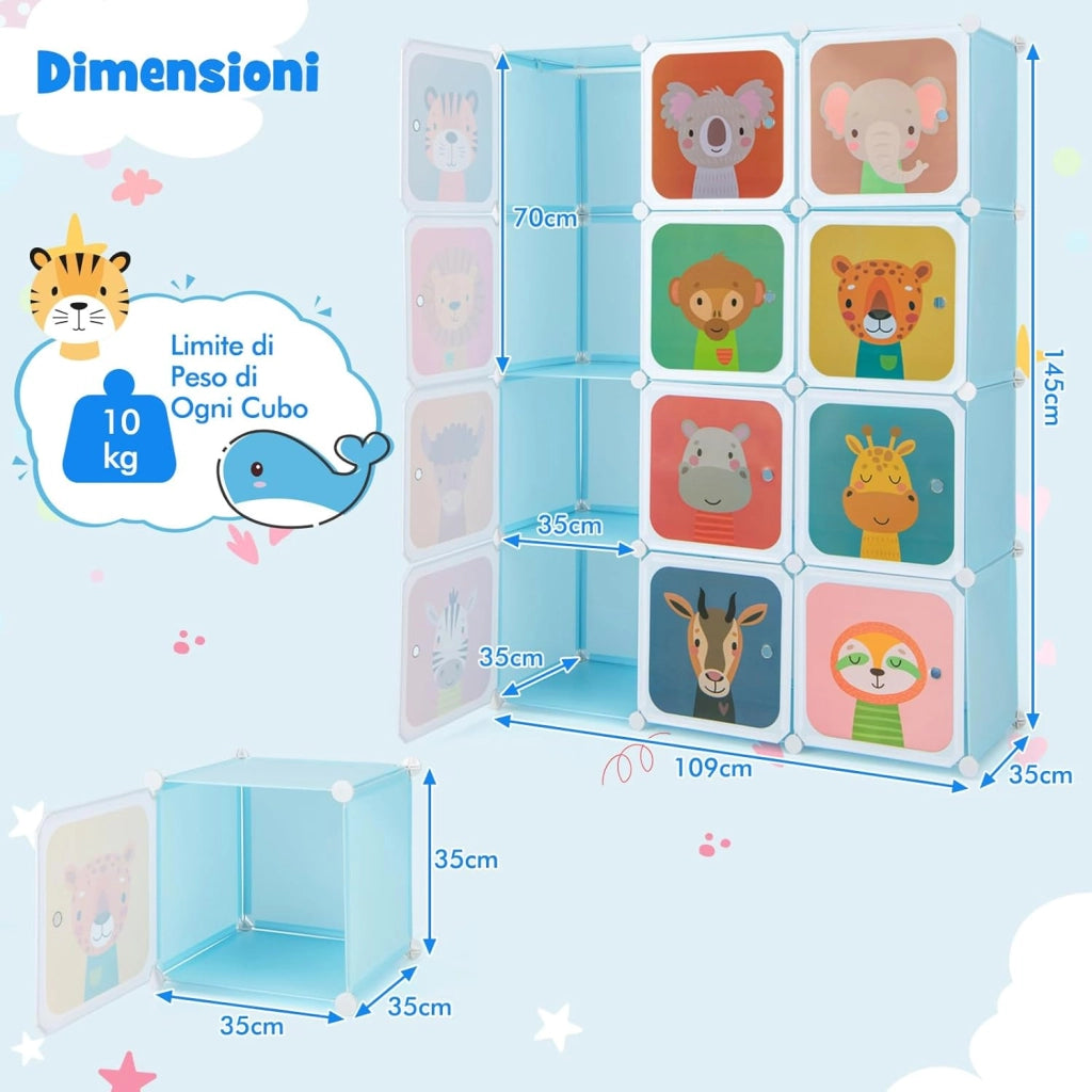 Guardaroba Portatile per Bambini, Armadio Portatile con 12 Cubi, Organizzatore Modulari per Camera dei Bambini Soggiorno, 109 x 35 x 145 cm (Blu)