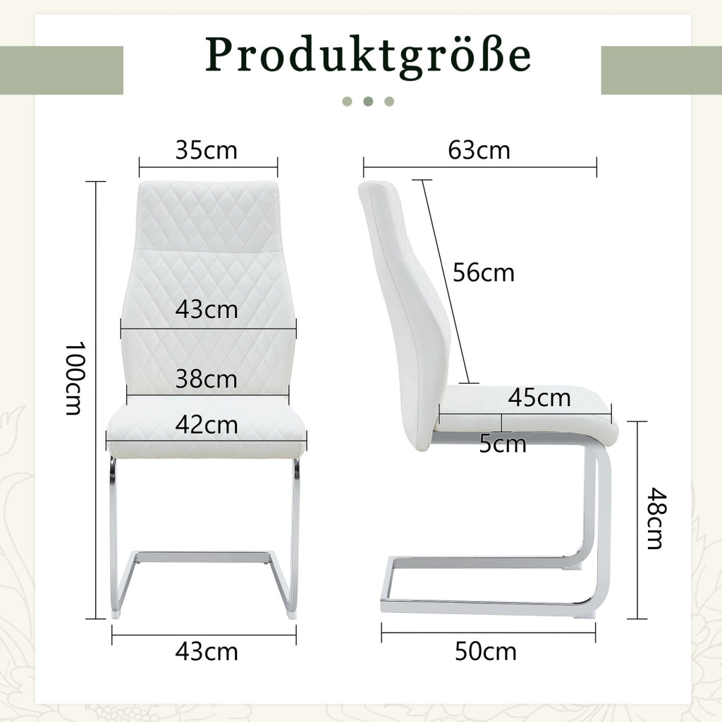 Set di 2 sedie da pranzo con schienale alto 100 cm; PU bianco e struttura metallica argento