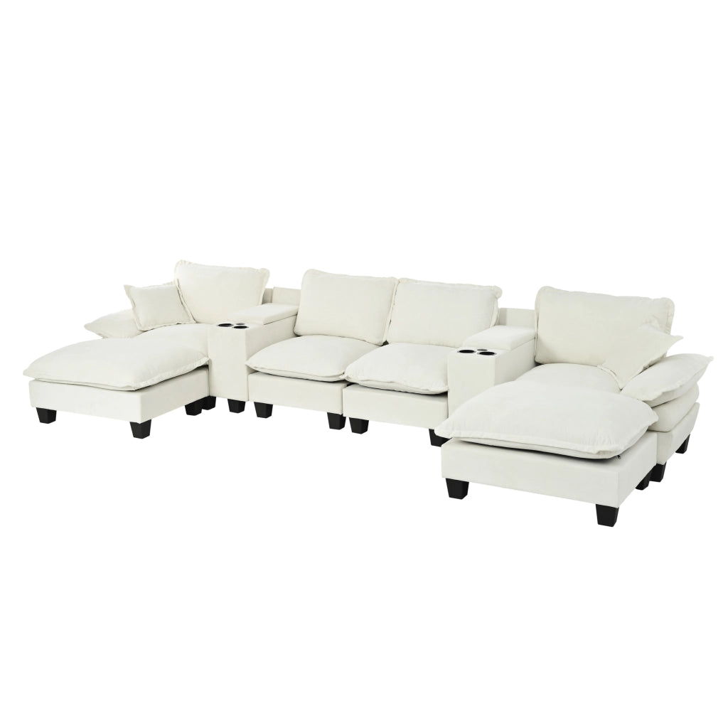 Divano panoramico a U modulare con contenitore; portabicchieri e USB in chenille beige 392×151×90 cm