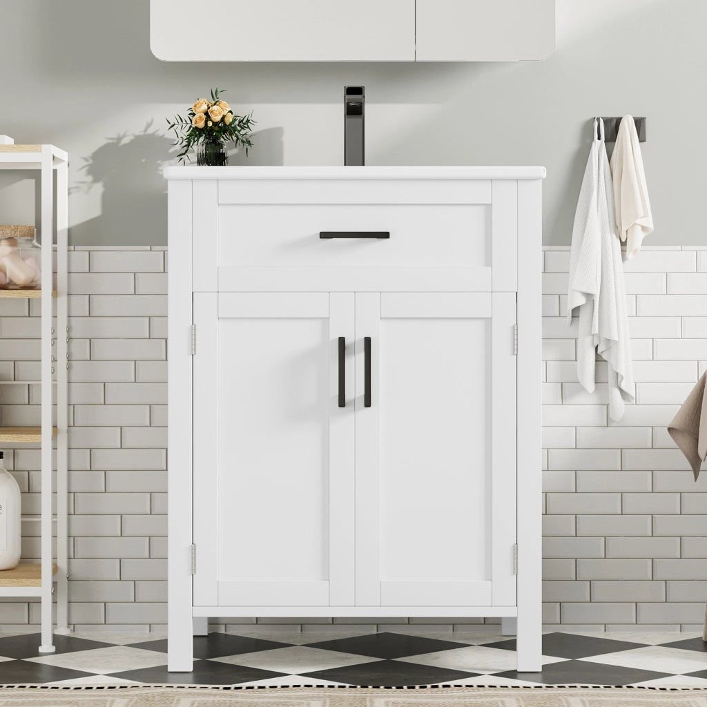Mobile sottolavabo con lavello in ceramica, 2 ante, cassetto reversibile, ripiani regolabili, bianco 60 × 46 × 84,8 cm