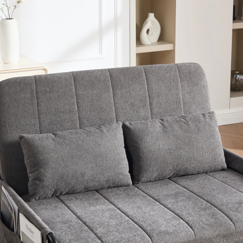 Divano letto 2 posti - con funzione letto e tasche laterali - in chenille - grigio
