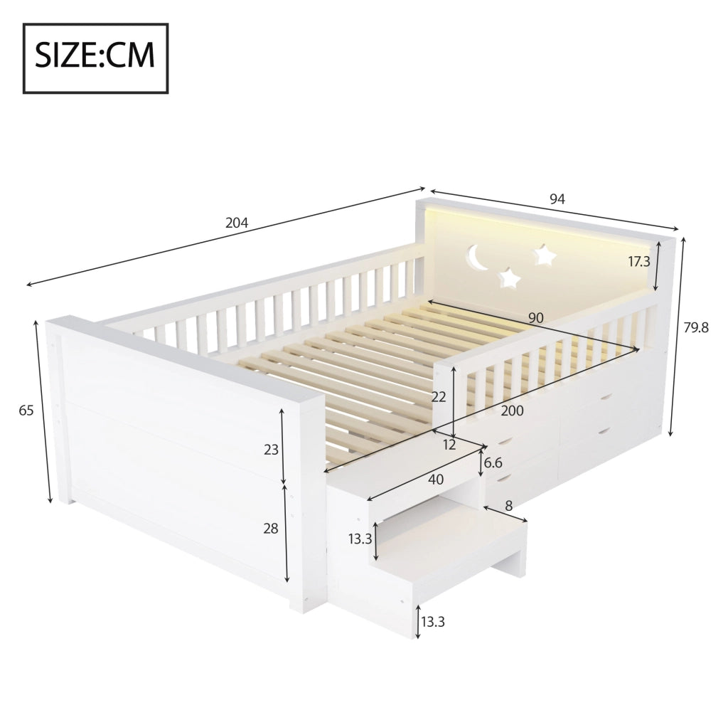 Letto per bambini 90 x 200 cm con LED, cassetti e sponde bianche