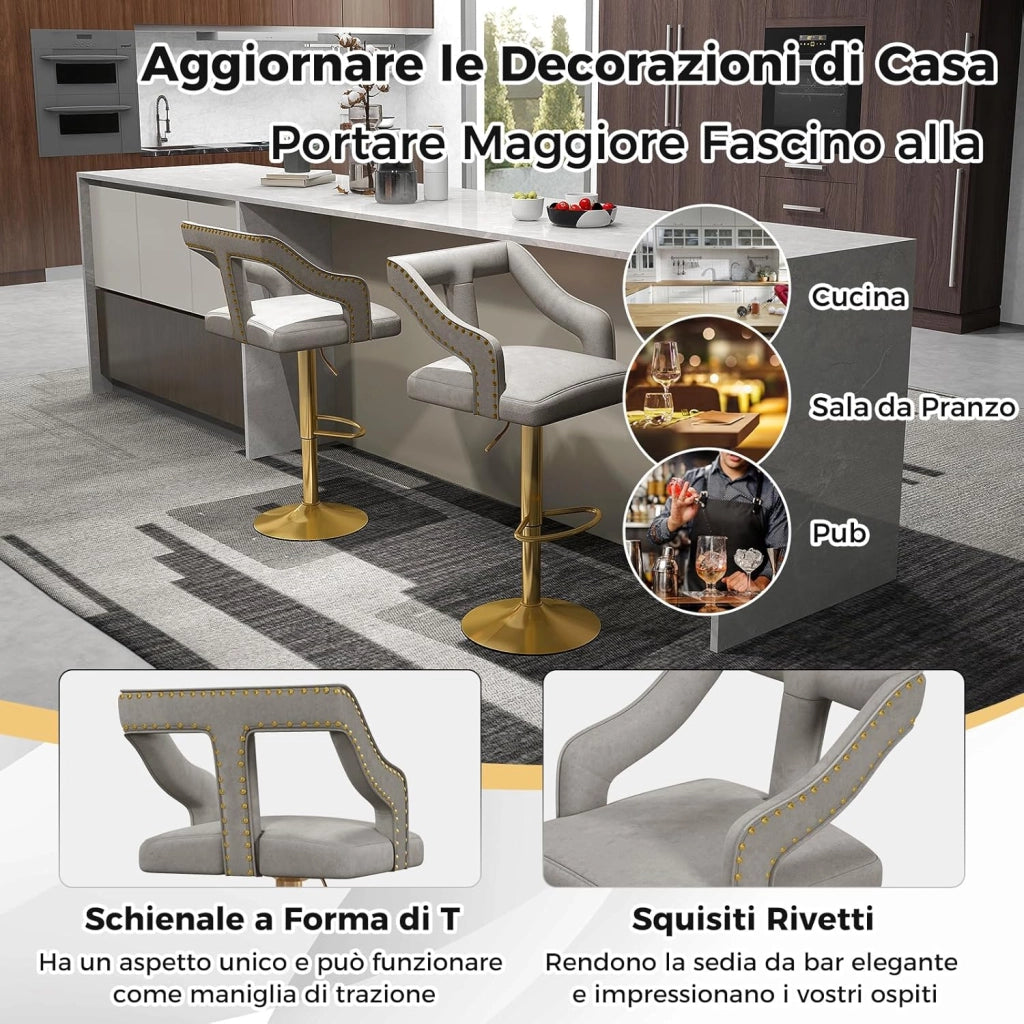 Set 2 Sgabelli da Bar in Velluto, Sedie Girevole e Regolabile con Poggiapiedi, Schienali in Forma a T, Braccioli, Base in Metallo Elettroplaccata per Cucina ad Isola e Sala da Pranzo (Grigio)