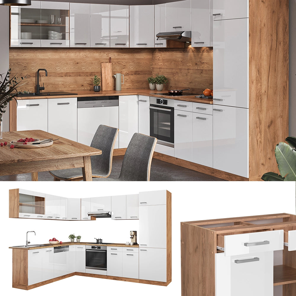 Vicco Cucina angolare completa Bianco lucido/oro power oak 227 x 287 cm , PL Rovere
