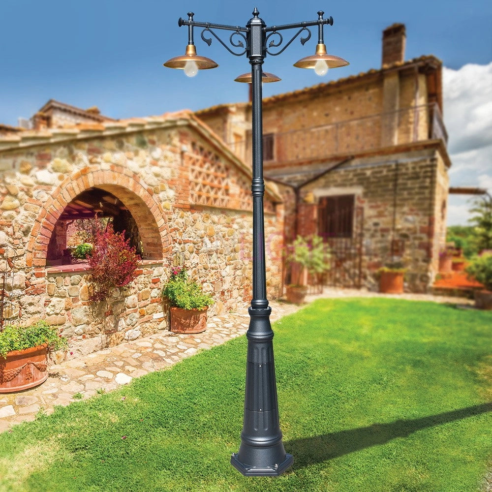 NIKE ANTRACITE Lampione da giardino 3 luci con piatti in ottone anticato