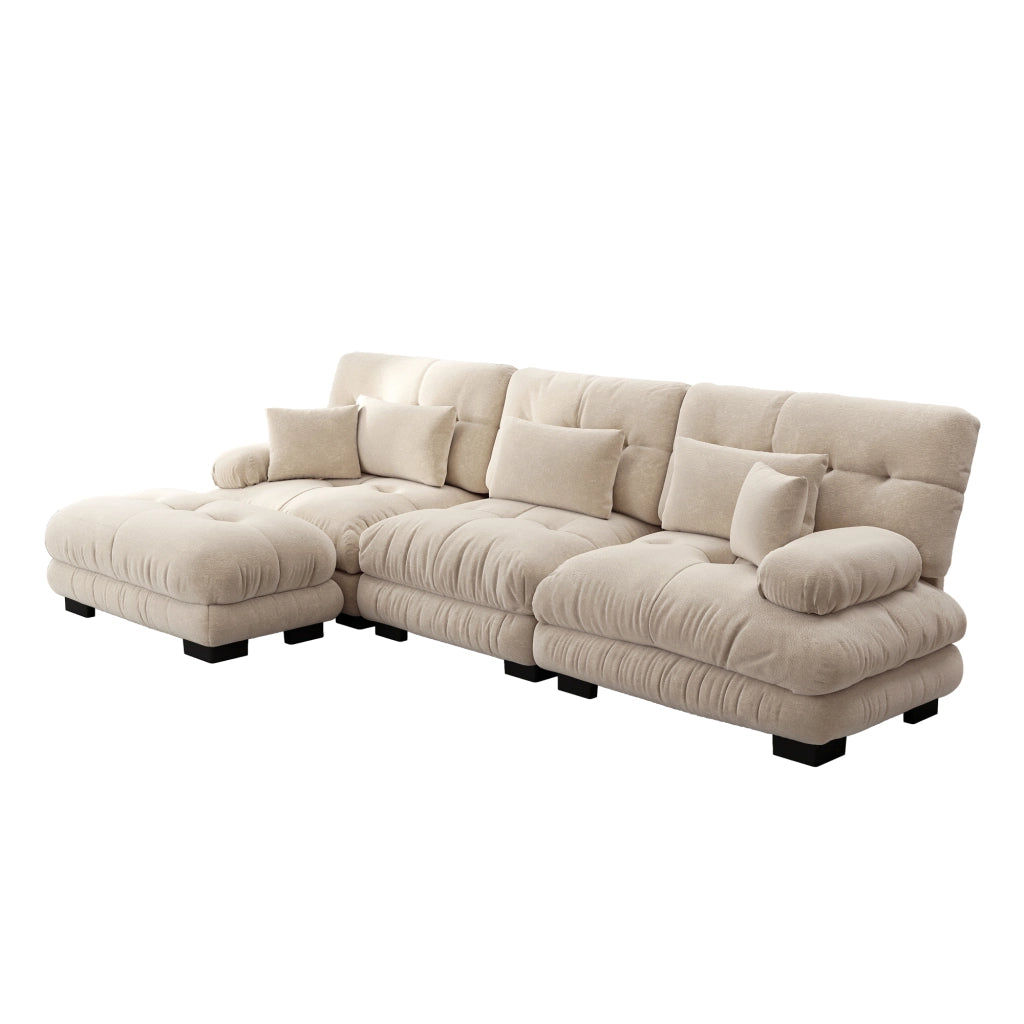 Divano angolare modulare a forma di L con pouf; 3 posti in ciniglia; 313x145x81 cm; caffè chiaro