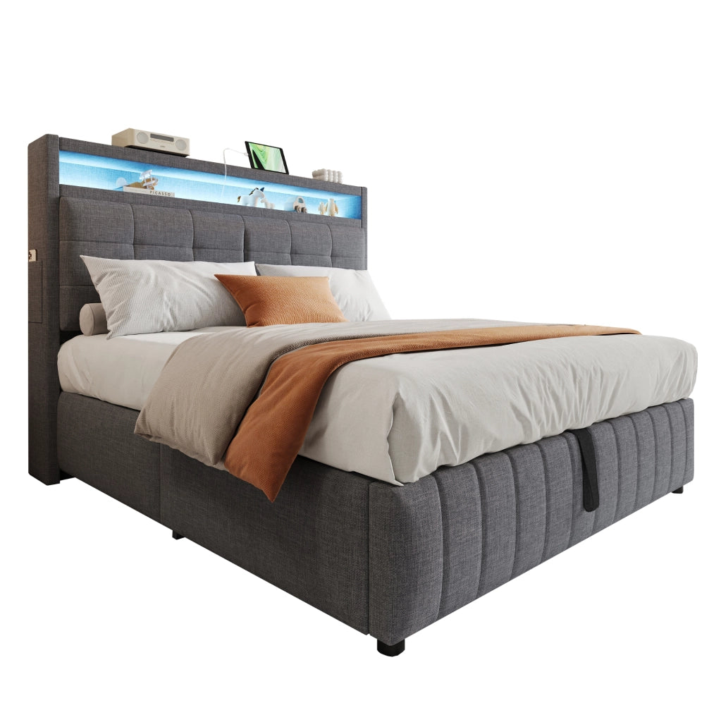 Letto matrimoniale imbottito 160x200 cm in tessuto effetto lino grigio con LED; USB e contenitore