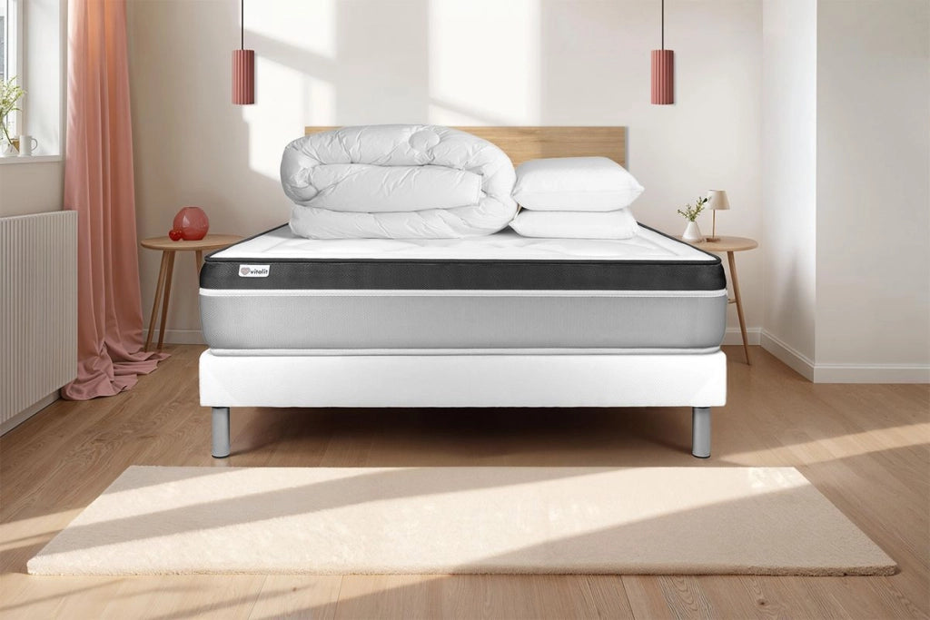 Pacchetto letto completo - Materasso 140x190cm + Box spring con doghe (in kit) + 2 cuscini + Piumino - Vital Ergo
