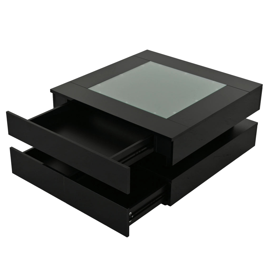 Tavolino da caffè 70x70x35 cm con LED e 3 cassetti; vetro temperato; nero