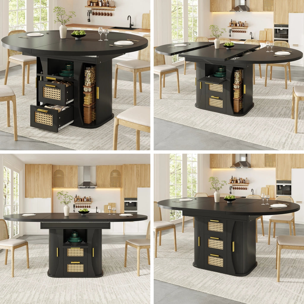 Tavolo da pranzo allungabile con 2 cassetti e vani contenitore, in MDF nero, per cucina e soggiorno