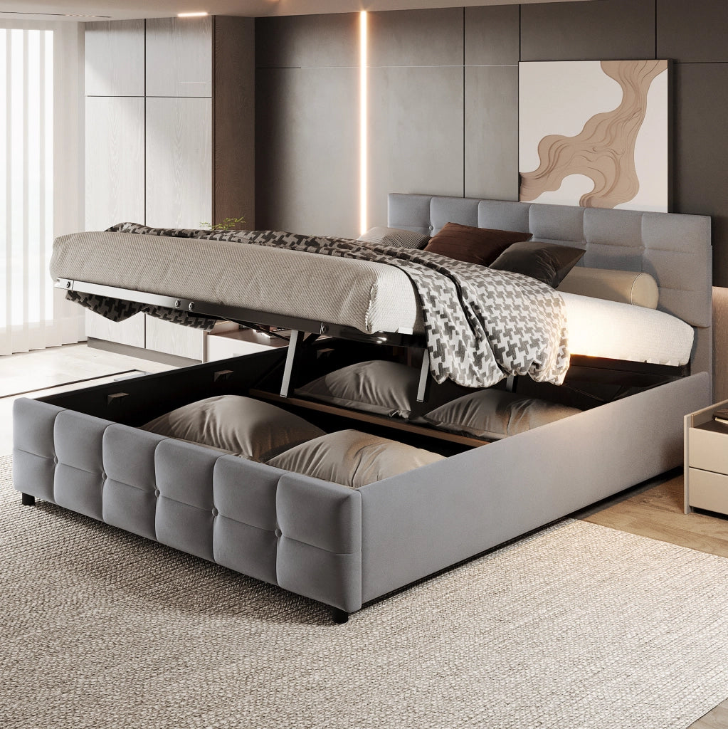 Letto imbottito 180x200 cm con rete a doghe e sollevamento idraulico, velluto olandese grigio